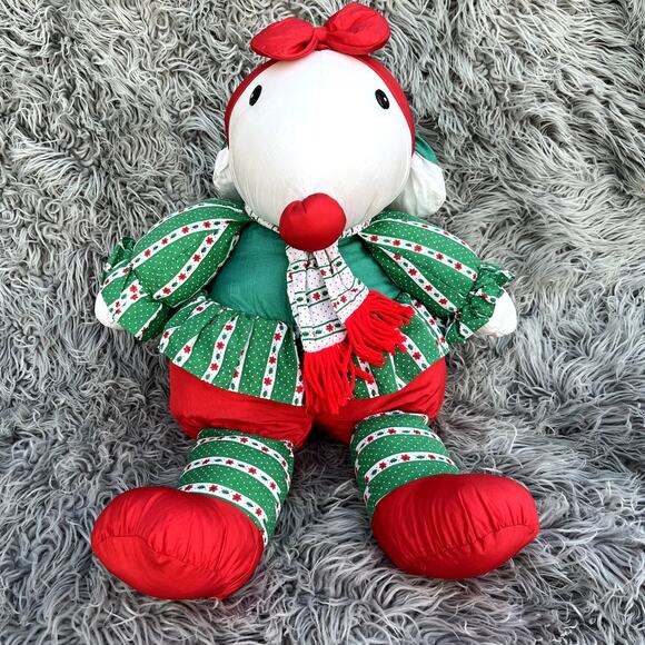 Vintage Nylon Holiday Decor Christmas Girl Miss Mouse Stuffed Animal Plush Puffy - Picture 3 of 11